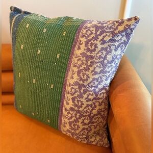 NWT Vintage One Of A Kind Sari Kantha Pillow-22in Green/Purple Floral